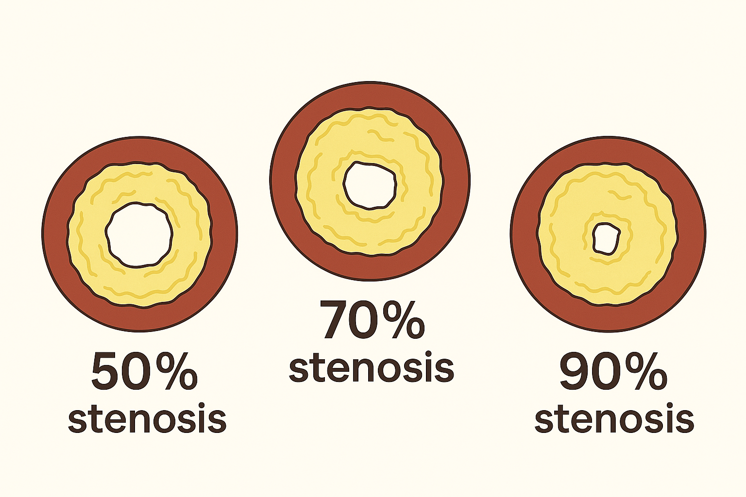 Illustration showing 50%, 70%, and 90% coronary artery stenosis for comparison; increasing narrowing reflects growing risk of flow limitation and ischemia.