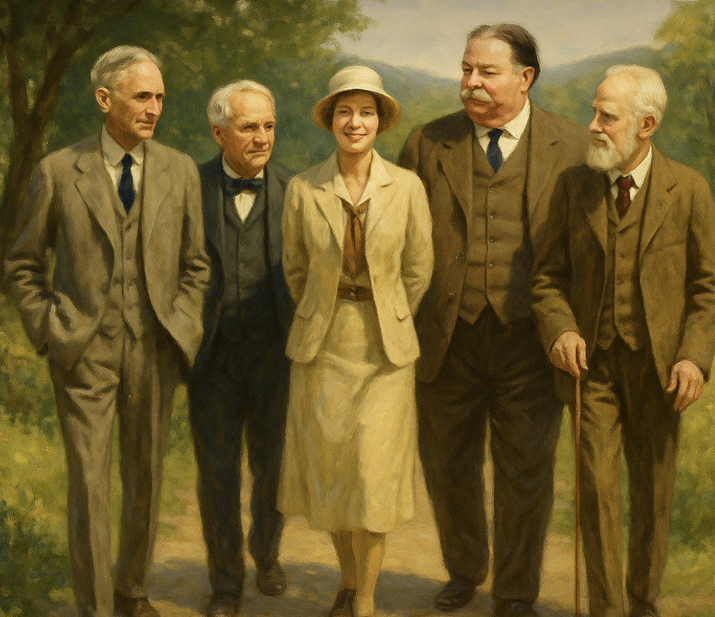 Artistic image: Henry Ford, Thomas Edison, Amelia Earhart, President William Howard Taft, and George Bernard Shaw walk side by side—