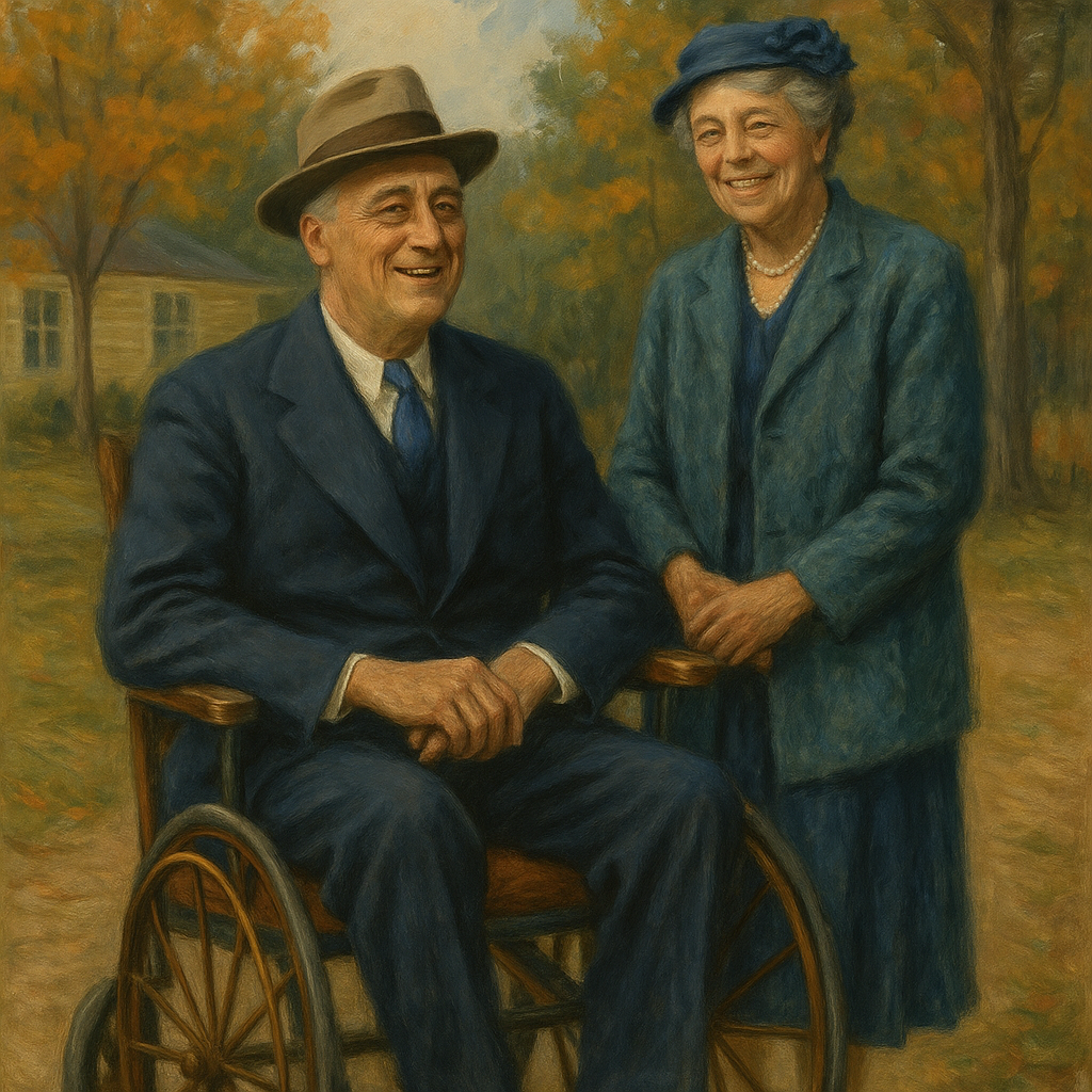 Artistic impression of FDR in a wheelchair at Warm Springs, accompanied by Eleanor Roosevelt, surrounded by soft southern light