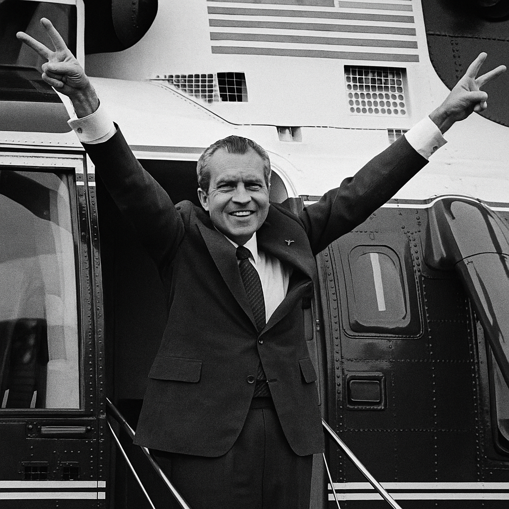 Richard Nixon flashes his iconic double V-sign as he boards Marine One, the day after resigning the presidency.