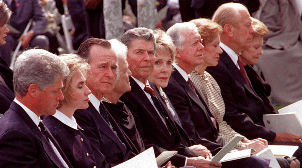 Five U.S. presidents and their first ladies attend the funeral of Richard Nixon on April 27, 1994, in Yorba Linda, California.